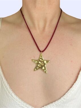 18k Gold Filled Large Chunky Star Necklace on a Dark Red Rope Cord